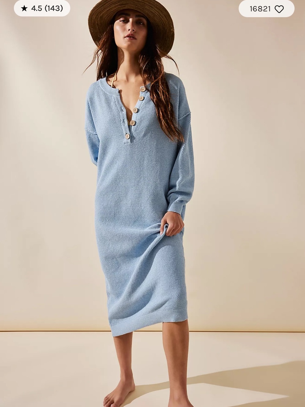 FP BEACH Hailee Sweater Midi Dress Soft Heather Blue 100 % Cotton